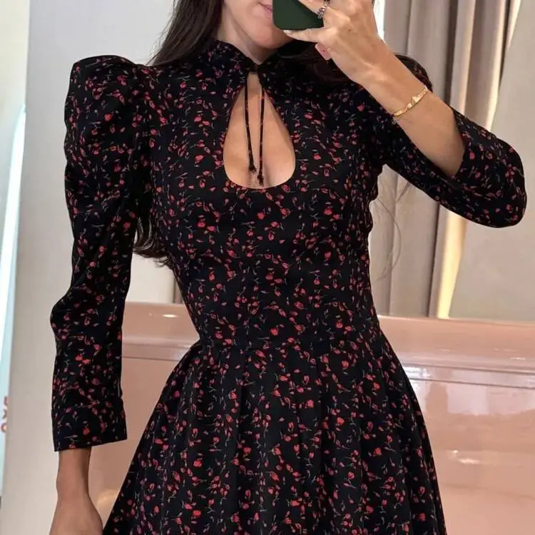 

Короткое женское платье с цветочным принтом и тонким дизайном, воротником-стойкой, галстуком, рукавами три четверти, элегантное женское платье трапециевидной формы с высокой талией