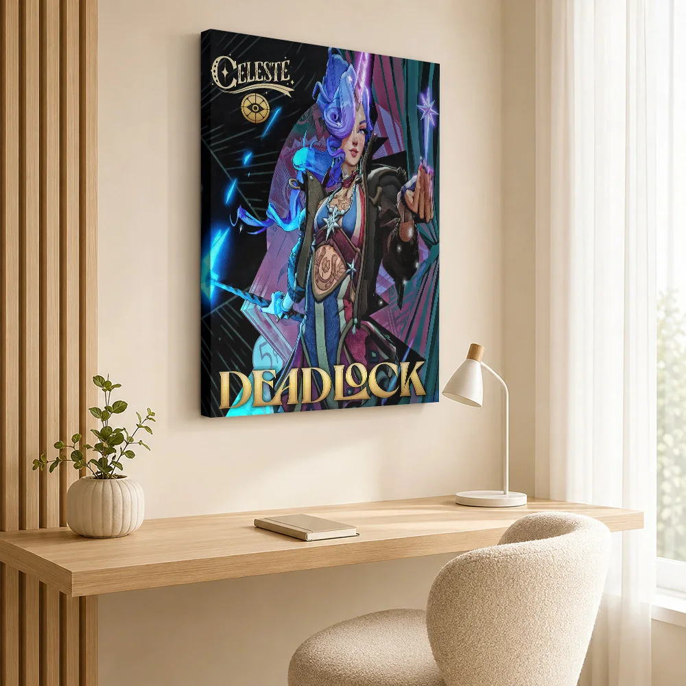 Deadlock Celeste Character Portrait Framed Canvas Print Personalized Photo Multicolor Polygon Shapes Wall Art For Gaming Room