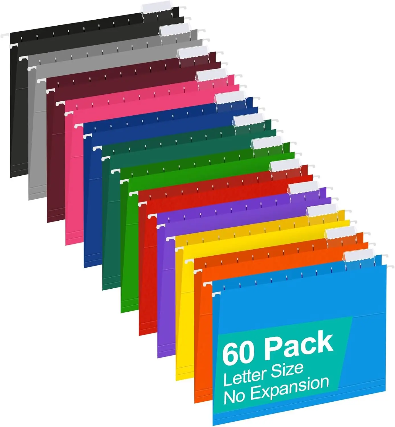 

60 Pack Reinforced Letter Size Hanging Folders with Heavy Duty Expansion, Adjustable Tabs, 12 Colors for Bulky Files