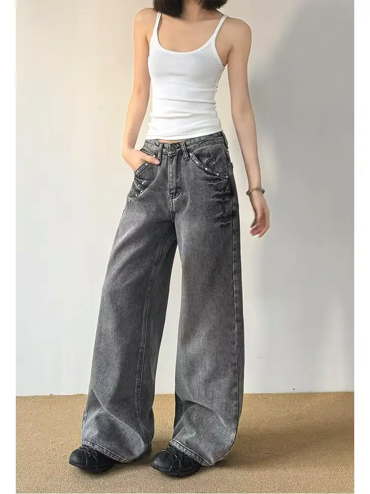 Vrouwen Vintage Klinknagel Gothic Zwarte Jeans Hoge Taille Jaren '90 Japanse Harajuku Losse Wijde Pijpen Broek Streetwear Micro-Flare Broek