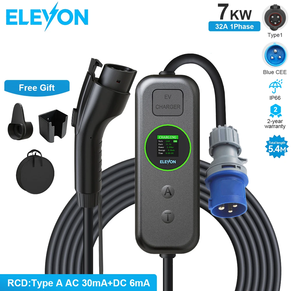ELEVON Type1 7kW Portable Electric Car Charger SAE J1772 EV Charger 32A Single Phase Wallbox Adjustable Current IP66 Waterproof