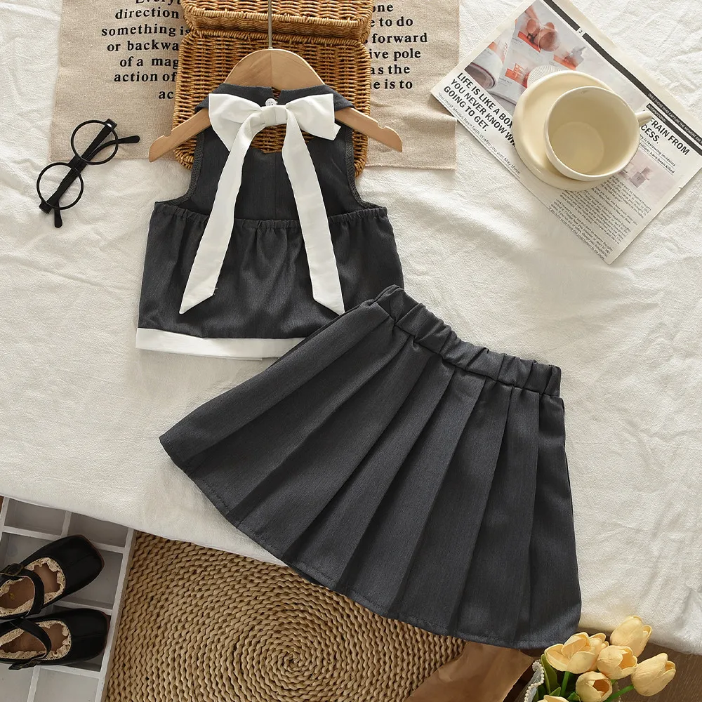 Bear Leader Korean Version Fashion Hanging Neck Gray Girls' Clothing Summer New Bow Sleeveless Backless Top + Pleated Skirt