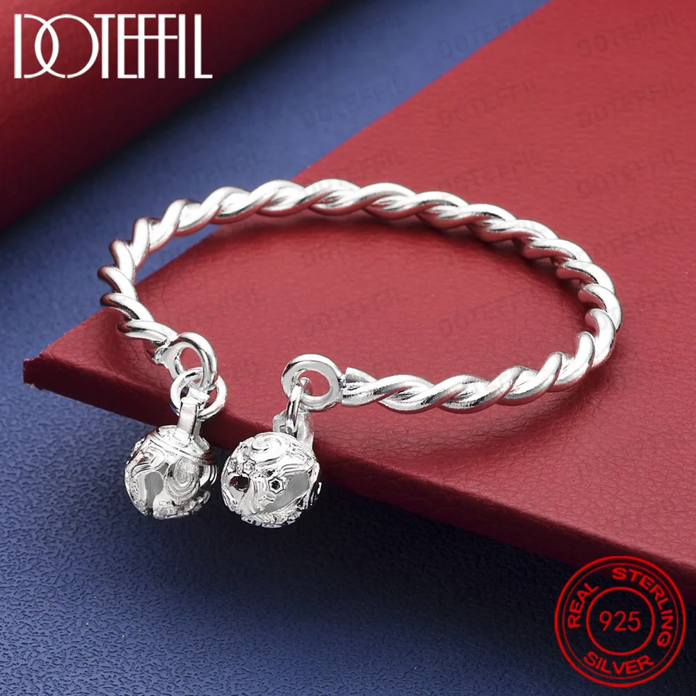 925 Sterling Silver Water Wave Double Ball Open Bangle for Women Wedding Party Jewelry Accessories