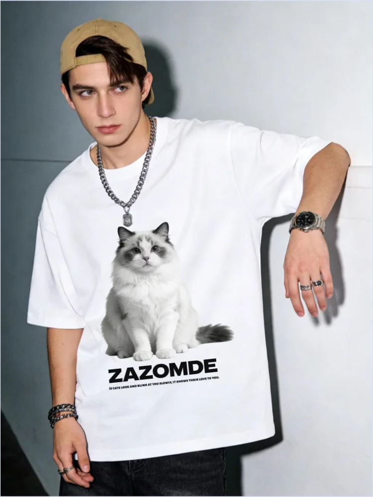 

Футболка ZAZOMDE 2026 летняя с винтажным принтом, реалистичным портретом кошки, из хлопка, с коротким рукавом, мягкая, комфортная, мужская