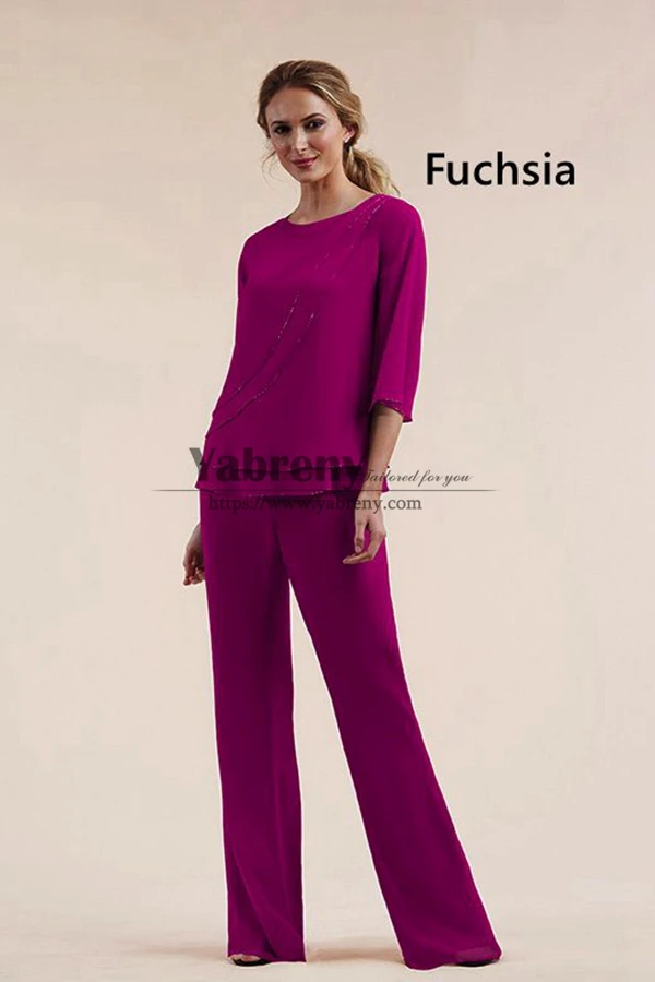 

2 Piece Spring Women's Pant Suits for Wedding Guest, Fuchsia Chiffon Mother of the Bride Outfits