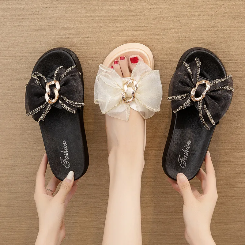 Women Bow Summer Sandals Slipper Indoor Outdoor Beach Shoes Summer Women's Shoes Flip Flops on The Platform