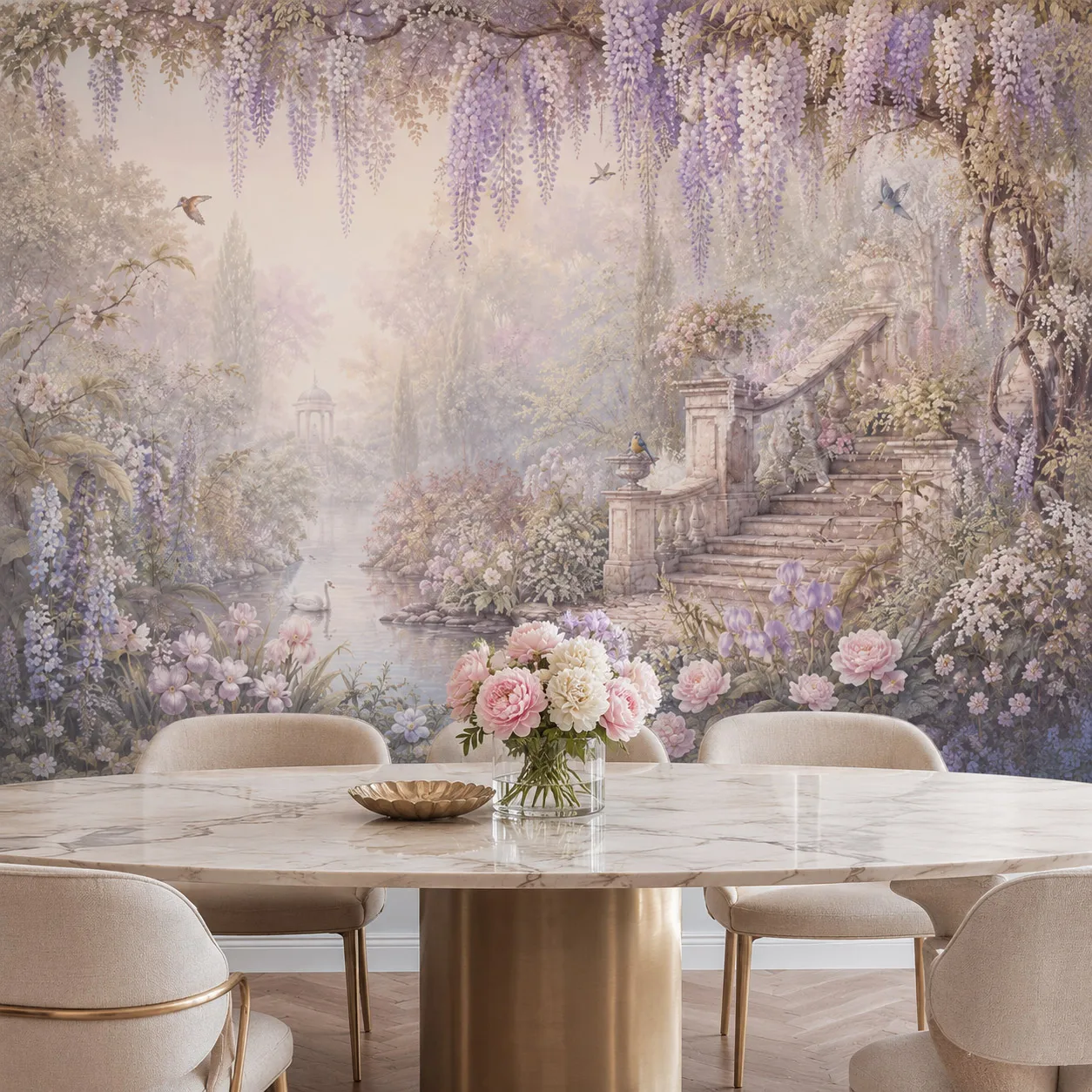 papier-peint-mural-romantique-pastel-glycine-jardin-floral-lac-des-cygnes-escaliers-en-pierre-salon-non-adhesif-sans-colle-requise