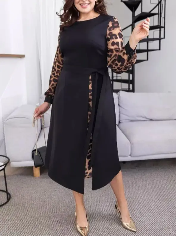 Plus size New AliExpress Dress Large Long Sleeve Stylowa sukienka z nadrukiem i okrągłym dekoltem