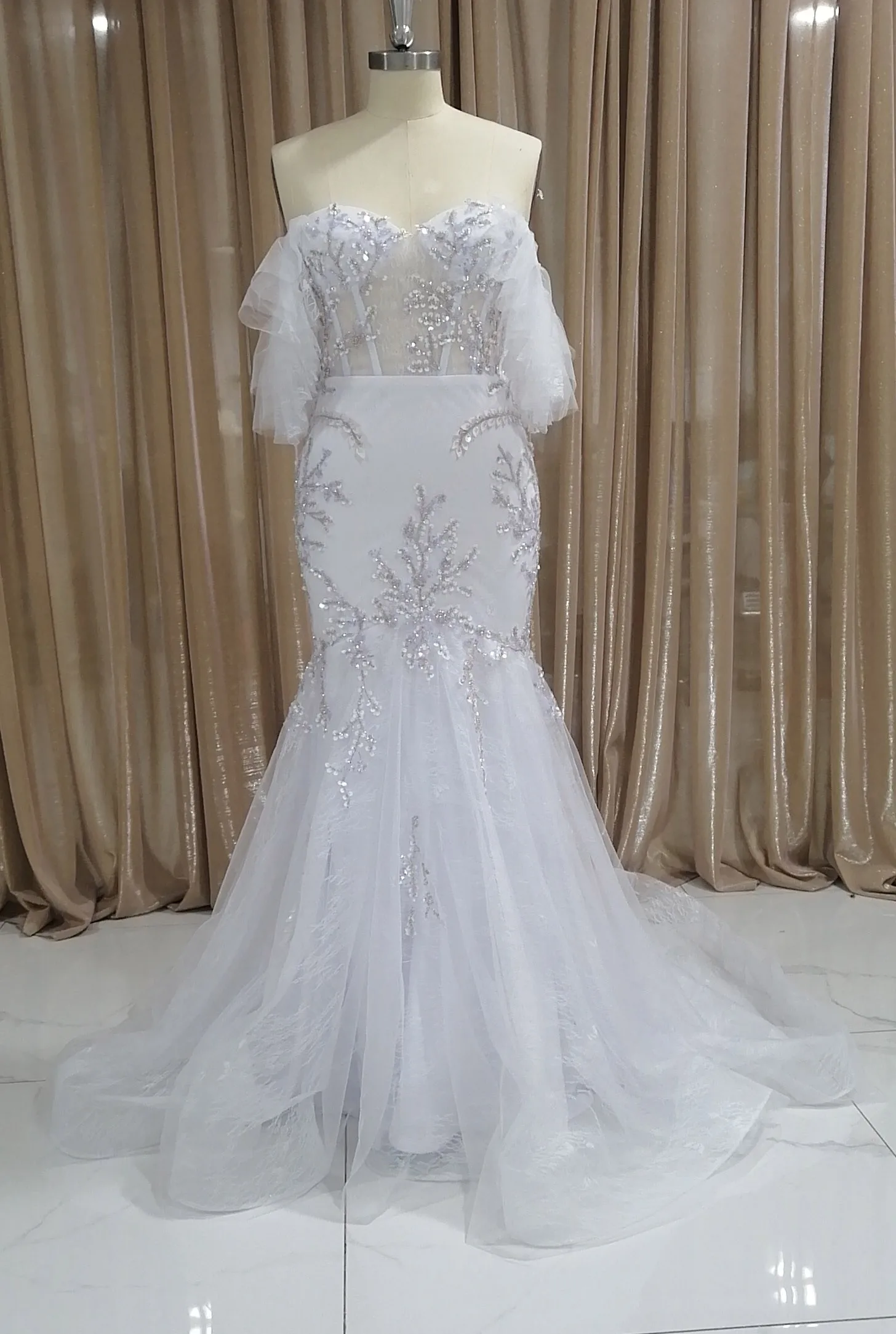 E JUE SHUNG Lace Mermaid Wedding Dresses Luxury Sweetheart Beading Embroidery Off The Shoulder Bridal Gowns