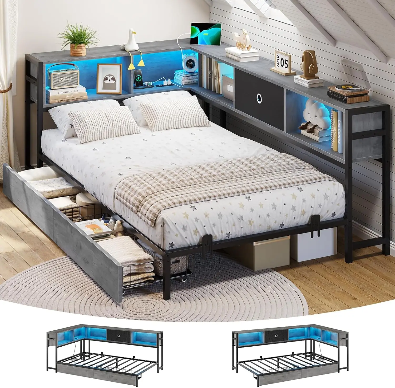 Corner Bed Frame with Bookcase Storage and Led Lights Twin Size Metal Platform Bed Frame with Storage Drawers and Charging Stati