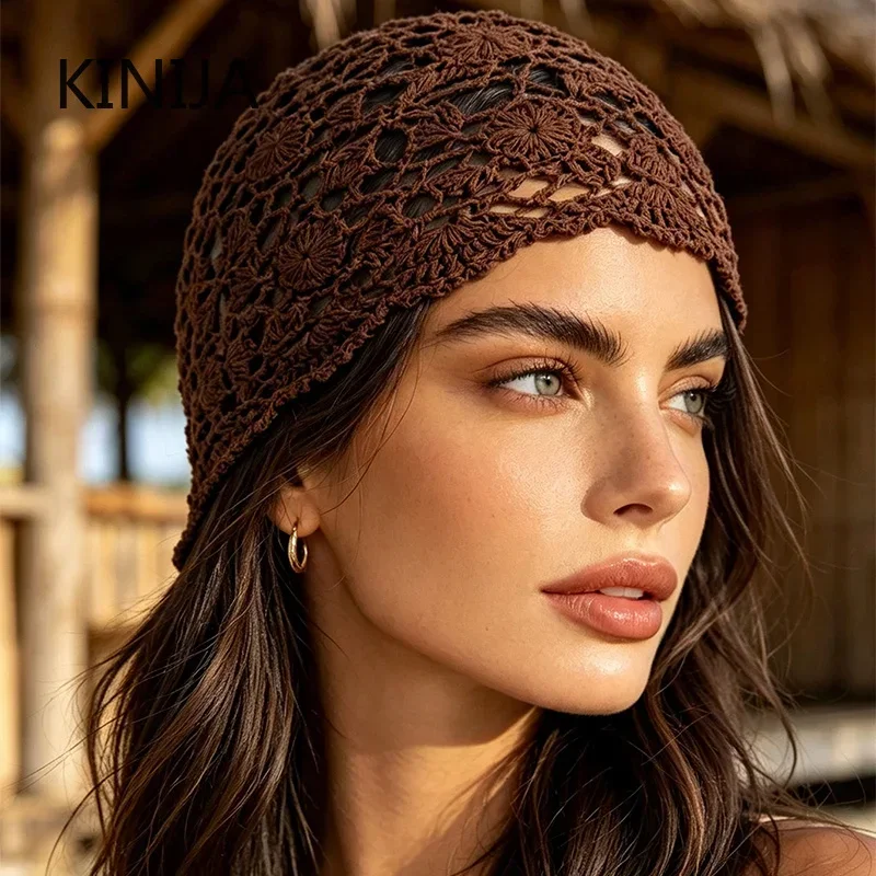 Handmade Crochet Hollow Head Hat Spring and Summer Retro Casual Turban Fashion Melon Leather Mesh Cap Beanies Cap  Korean