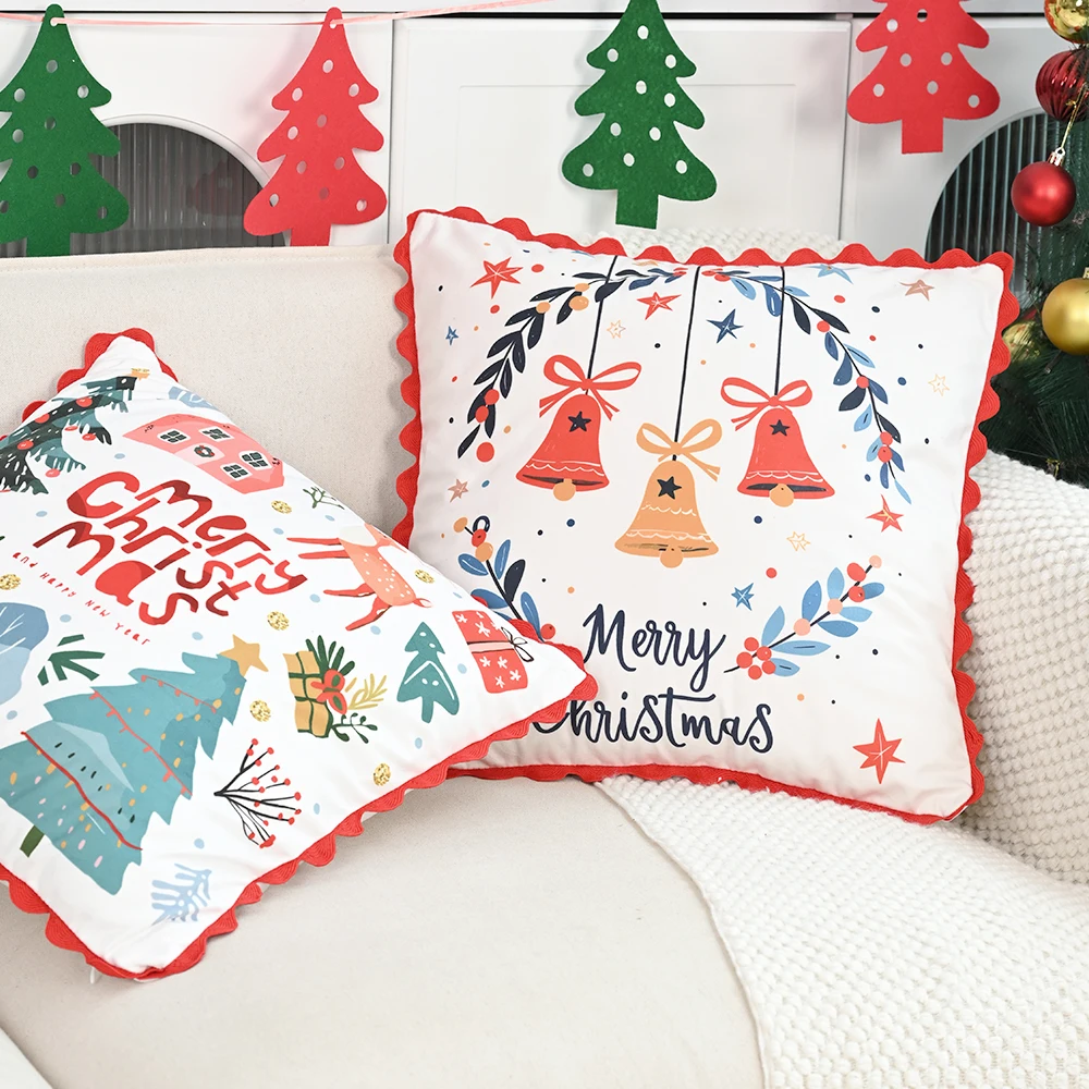BUYNOW Christmas Letter Printed Lace Pillowcase Festive Atmosphere Party Livingroom Sofa 18x18inch Cushion Cover Home Bed Decor