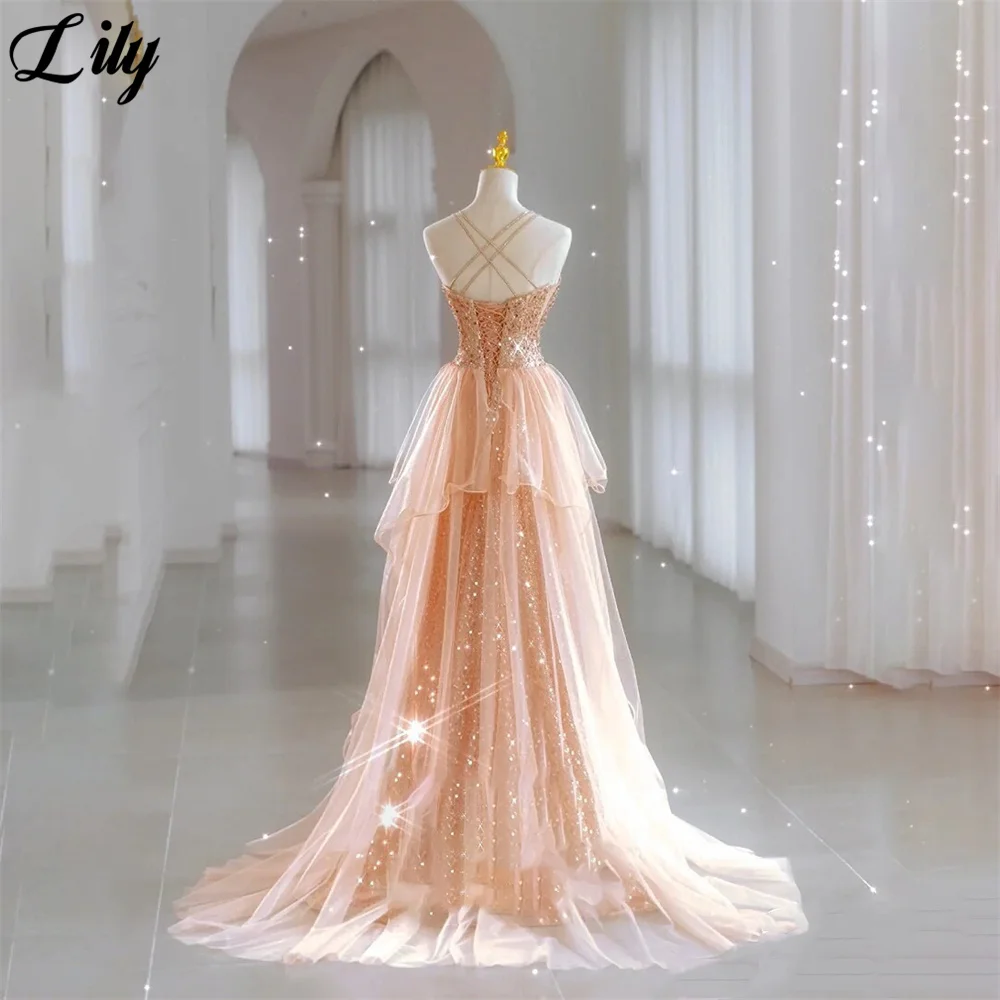 Lily Rose Gold Sequin Evening Dresses Lace Up Back Charming Prom Dress Spaghetti Strap V Neck Party Dresses vestidos de noche