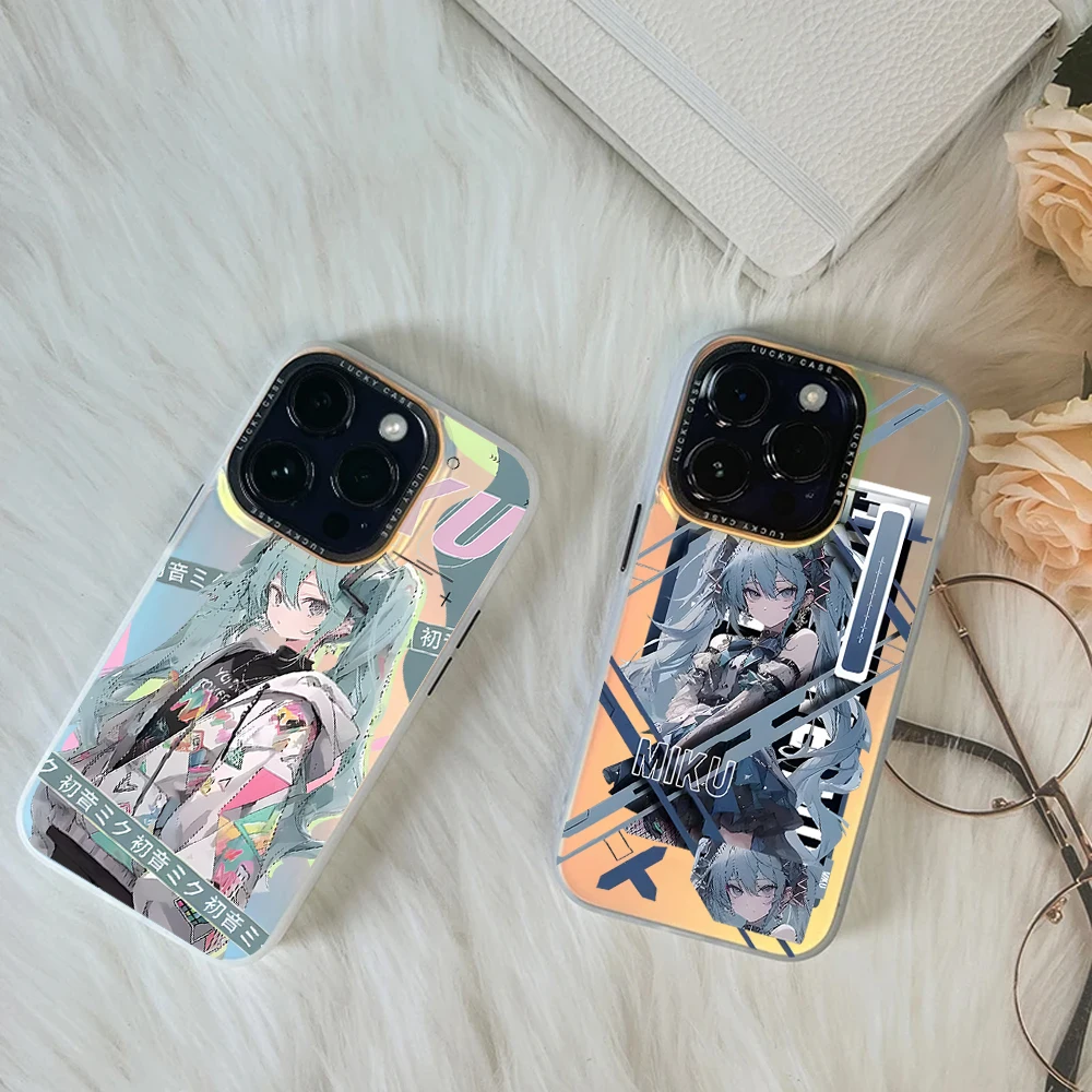 H-Hatsunes Anime M-Miku For iPhone 16 15 14 13 12 11 Pro MAX Plus IMD Chameleon Laser Phone Case