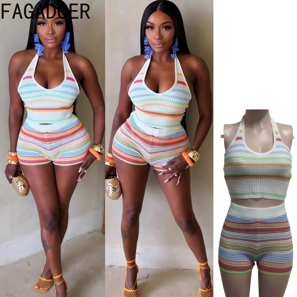 

FAGADOER Sexy Striped Knit Women Halter Backless Crop Top + Skirt Matching Suit Streetwear Beach Holiday 2 Piece Set Outfits