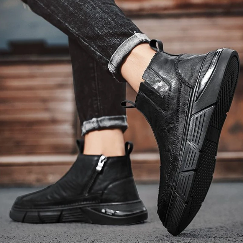 

Men's Trendy High Top Work Boots Autumn Winter Vintage Thick Platform Sole Slip Proof Durable Fleece Lined Warm Chelsea Boots