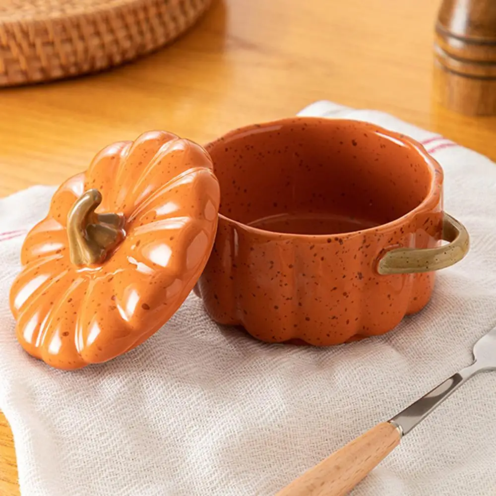Pumpkin Bowl Set With Lid Handle Ceramic Soup Pot Creative Pumpkin Shape  Binaural Soup Bowl Household Halloween Decoration