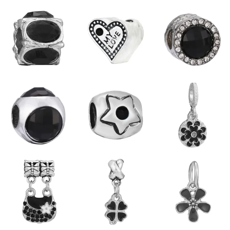 2024 New Black Series Ball Flower Charm Beads Fashion Pendant Alloy Bead String Accessories For Pandora DIY Jewelry Making Gift