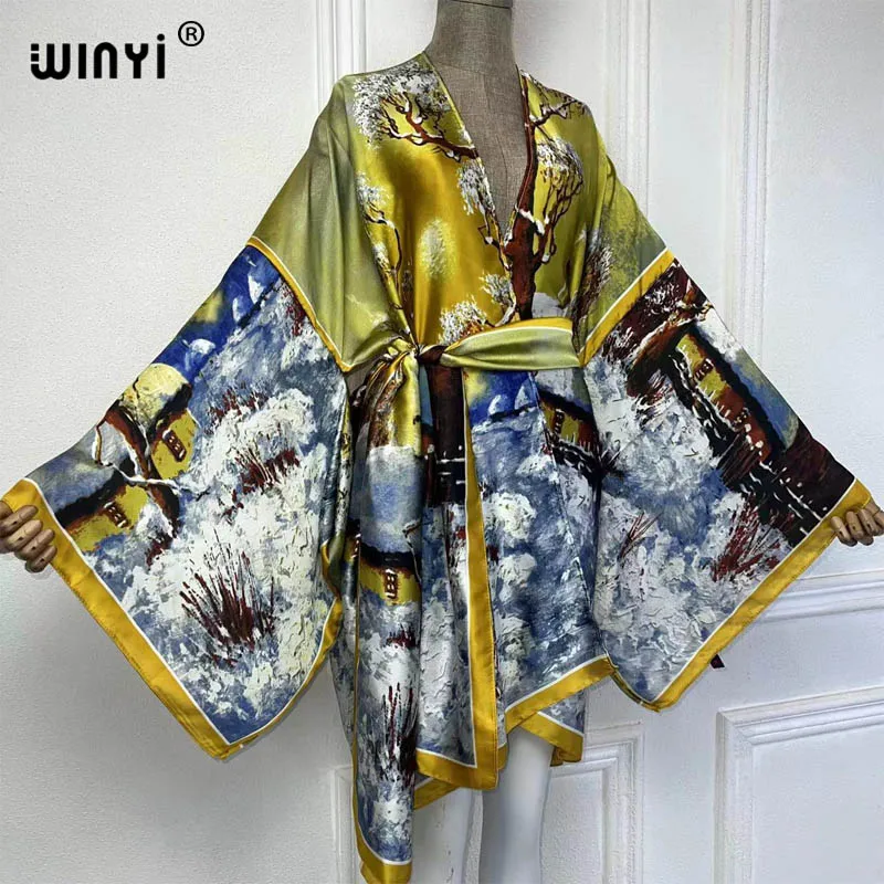 WINYI Kimono  African Boho print dress Summer beach wear women Cardigan Holiday long Sleeve silk feeling beach outfits for women