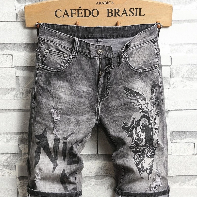 Fairy Print Smoke Grey Men's Denim Shorts 1/2 Pants Elastic Slim Fit Fashion Hole Guy Denim Korean Fashion Distressed Jeans