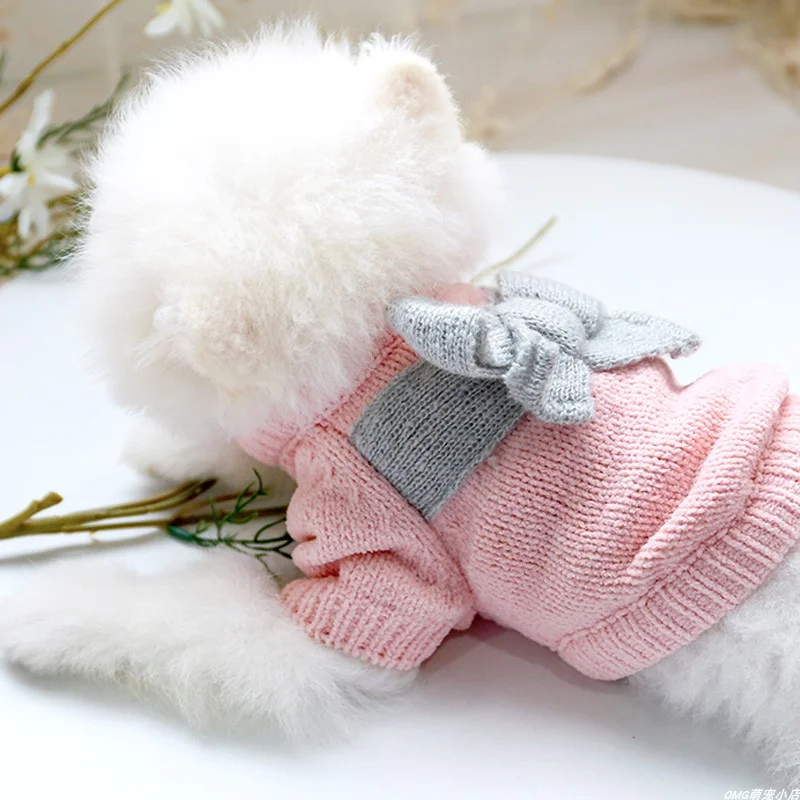 1PC Pet Clothing Cat Autumn/Winter Thick Bow Sweater Powder Suitable for Small and Medium Dogs