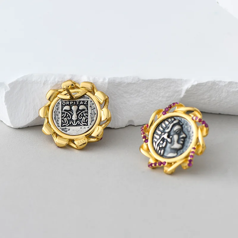 S925 Sterling Silver Charms Studs Earrings for Women Ancient Roman Coins Sun God Emboss Totem Ear Studs Jewelry Free Shipping