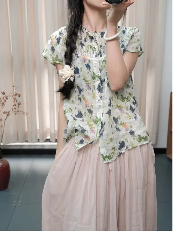 

Summer 2026 Women's Vintage Print Shirt Lace Collar Splice Ethnic Style Fashionable Versatile Long Sleeve round Neck Casual Top
