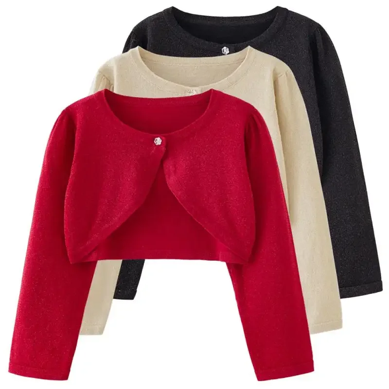 

2024 Girl Cardigan Knit Sweater White Red Children Versatile Knitted Cardigan Long Sleeves Thin Kid Knitwear Coat Winter Clothes