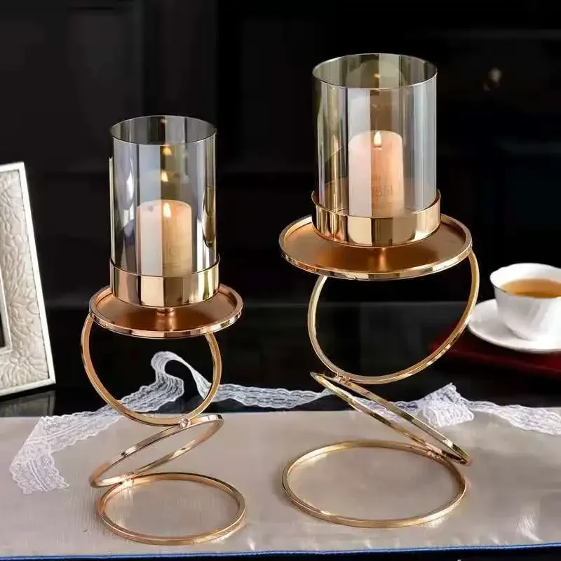 Nordic Metal Candlestick Geometric Glass  Holder Wind Lamp Windproof  Stand Wedding Home Decoration Ornaments FC481