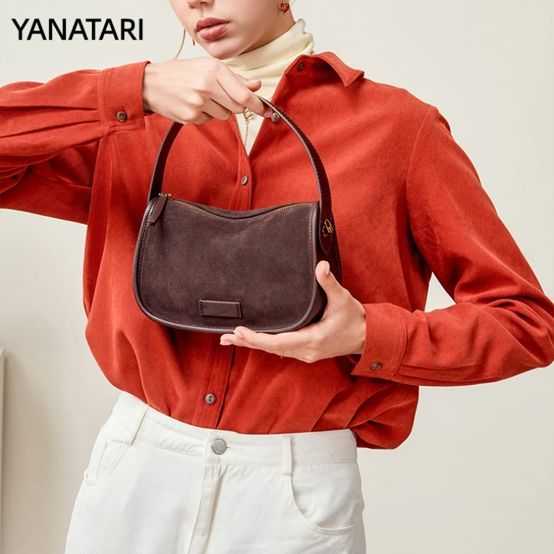 YANATARI Vintage Handbag Cowhide Leather Bag Soft Leather Minimalist Crossbody Bag Women Suede Leather Luxury Small Bag