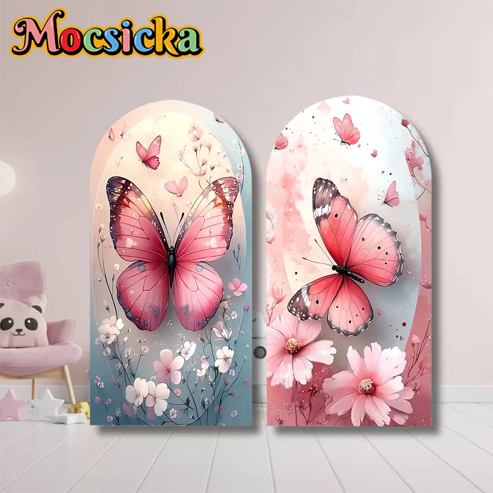 

Mocsicka Pink Butterfly Flowers Arch Backdrops Covers Double-Sided Baby Shower Girl Party Arched Background Decors Studio Props