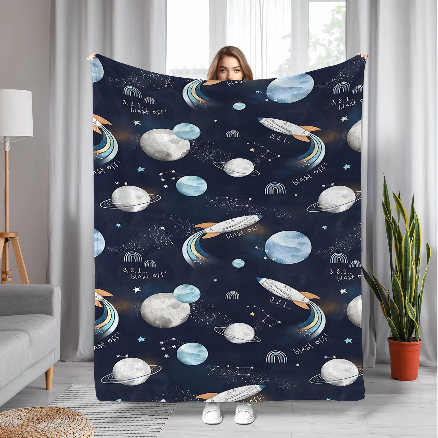 

1pc Space-themed printed blanket, polyester fabric, machine washable, suitable for bedroom and living room decoration