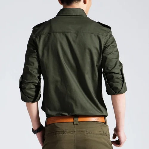 Imagen 2 del producto Camisas militares para hombre, ropa de trabajo informal de manga larga de otoño 2025, Camisas con bolsillos, Camisas militares ajustadas y sólidas para hombre, Chemise Homme