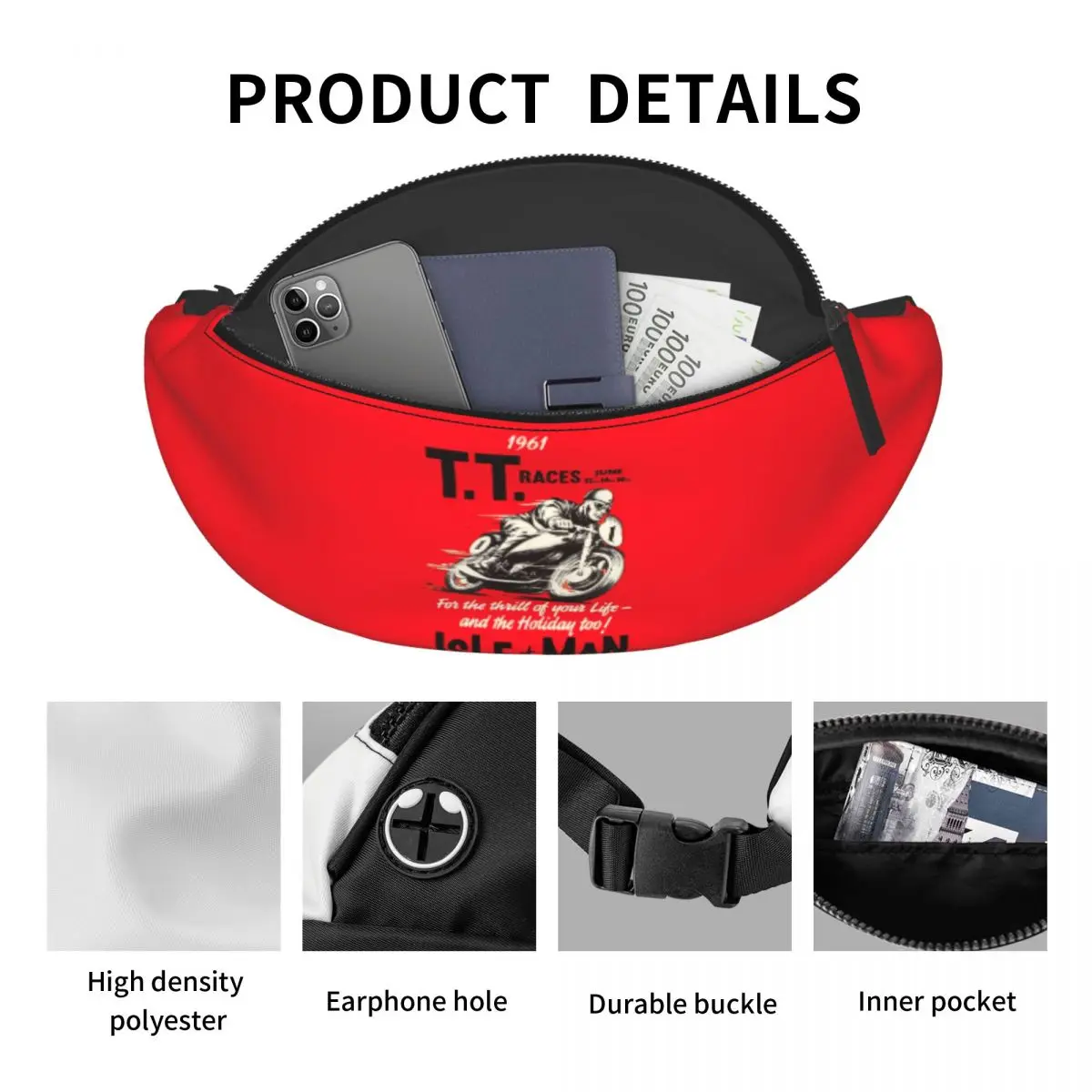 Retro Isle Of Man TT Race Fanny Pack Women Men Custom Motobike Sport Crossbody Waist Bag for Cycling Camping Phone Money Pouch