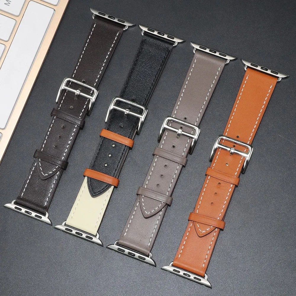 Genuine Leather Logo Band For Apple Watch Series 10 9 8 7 6 46mm 45 44 40 38 42mm Bracelet Leather Strap For iWatch Ultra 2 49mm