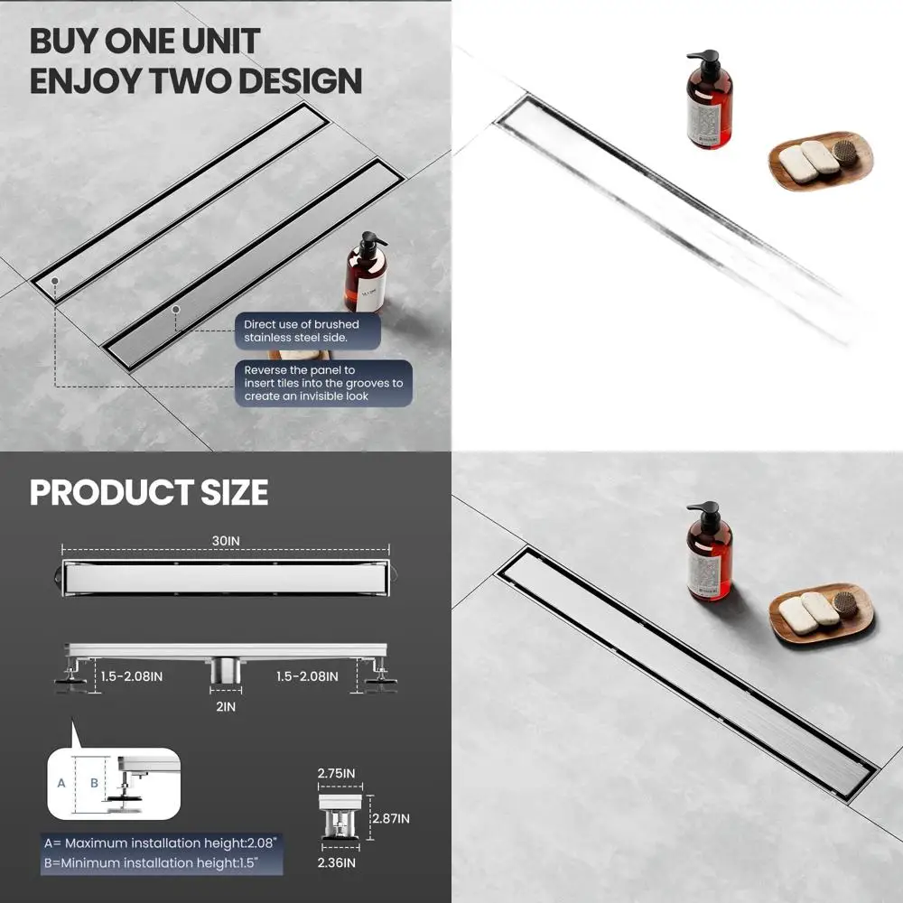 

30 Brushed Stainless Steel Linear Shower Drain with Tile Insert, Suitable for Bathroom, Kitchen, and Garage