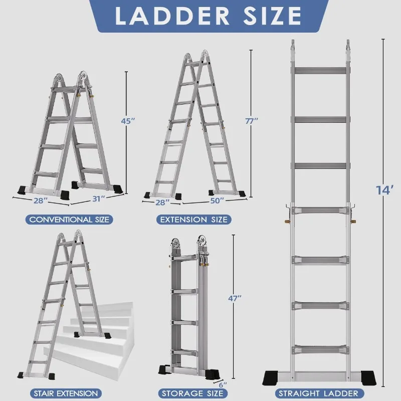 A Frame 4 Step Extension Ladder, 17Ft Aluminum Multi-Position Ladder, Anti-Slip Telescoping Ladder, Storage Folding Ladder