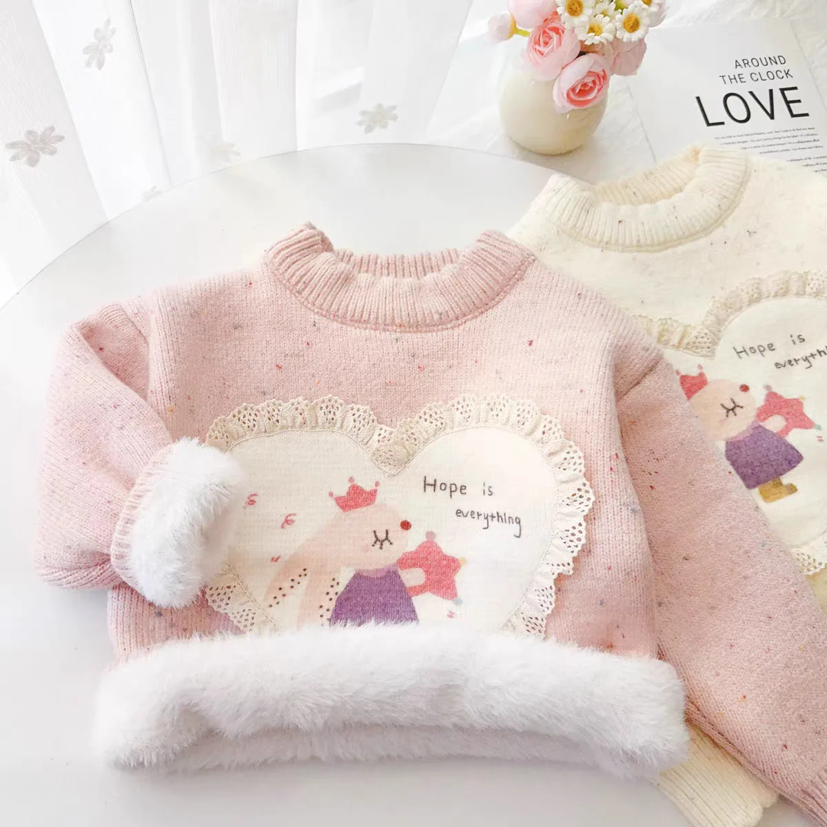 

Children's sweaters for autumn and winter, thickened and stylish one-piece fleece pullover knitted sweater for 1 - 5 Years girls