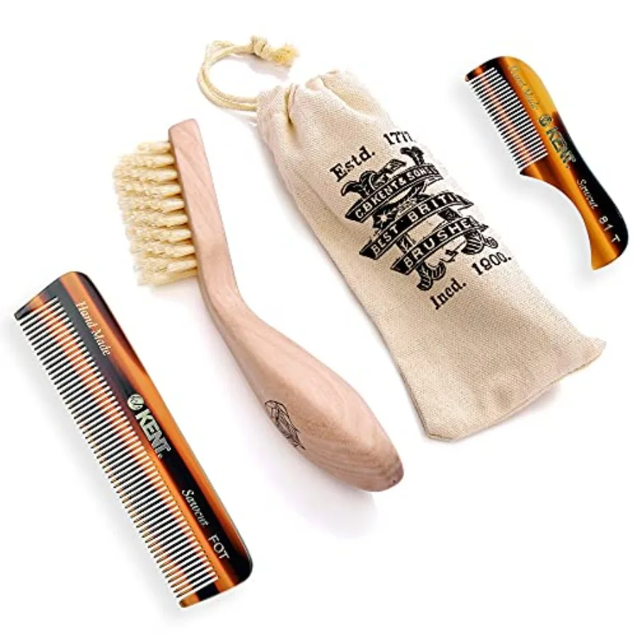 Kit de Cuidado de Barba y Bigote Kent, Incluye Cepillo para Barba de Cerdas Blancas BRD2, Peine Hecho a Mano con Corte en Ángulo 81T y Peine de Dientes Finos FOT