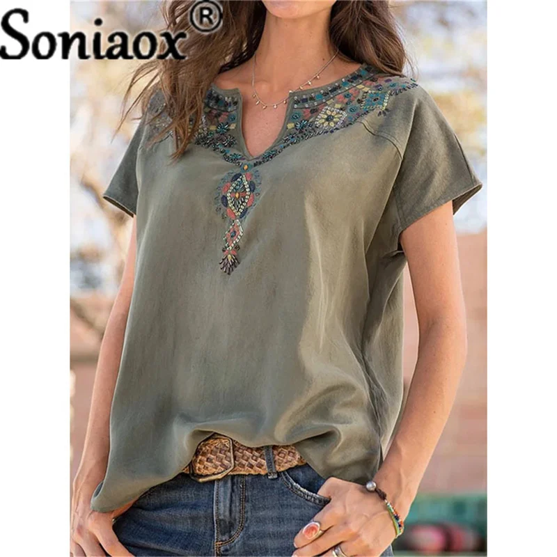 

Summer Women Urban Leisure V Neck Print Short Sleeve T-Shirt Ladies Ethnic Style Casual Loose Boho Retro Harajuku Oversized Tops