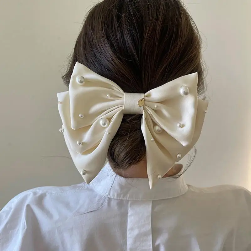 New Women Girls Sweet Pearl Satin Bowknot Hair Clip Big Ribbon Bow Barrette Solid Color Scarf Hairpin Grip Ponytail Clip