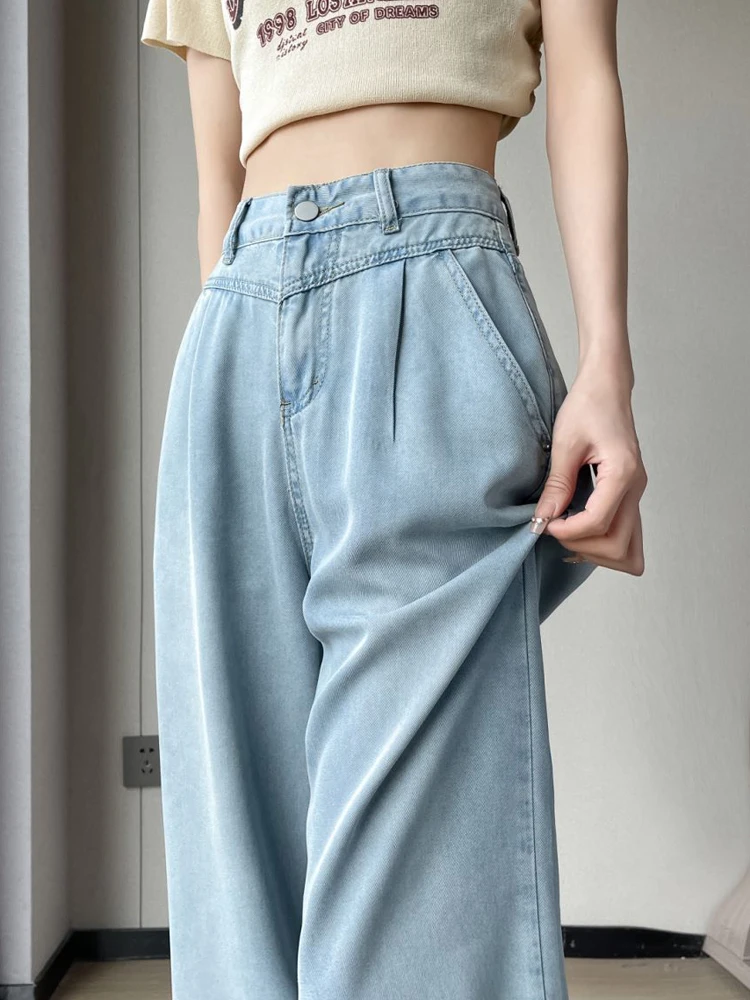 

Light Blue Soft Denim Jeans Women Summer Thin High Waist Slim Straight Loose Drapey Ice Silk Wide Leg Pants Long Trousers