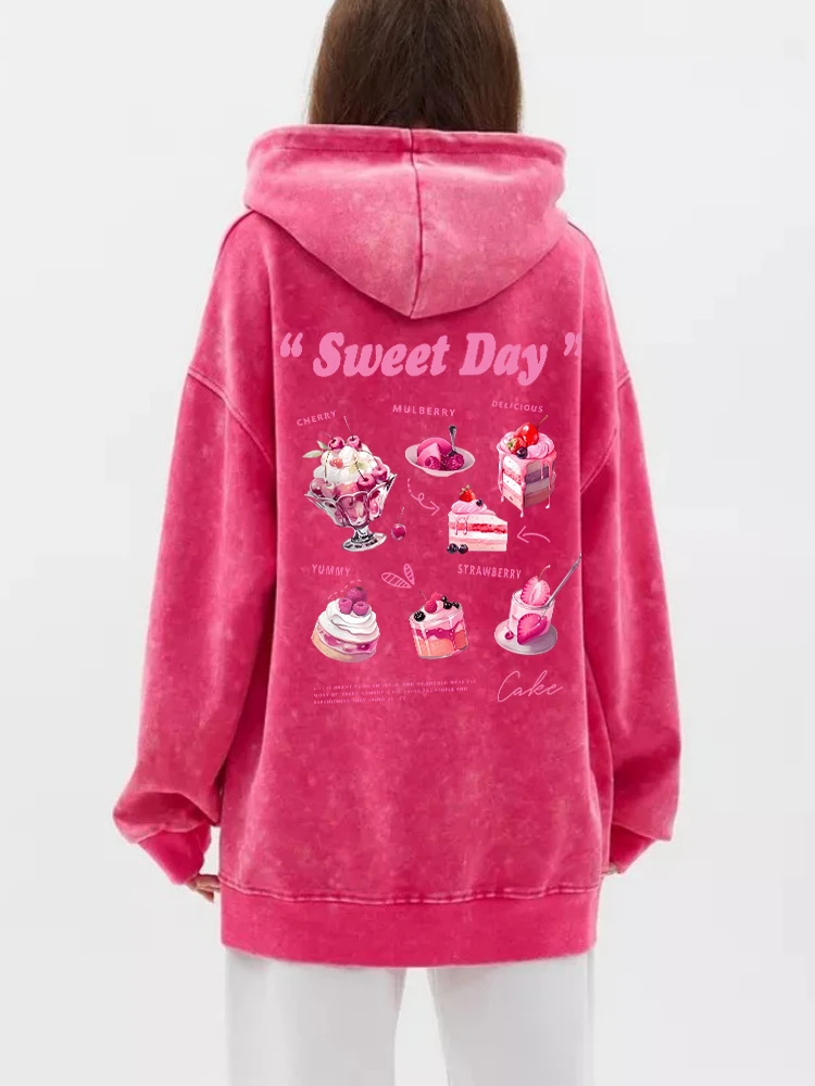 Cotton Woman Washed Hoodies Sweet Day Pink Ice Cream Cakeprinting Streetwear Oversize Pocket Warm Pullover Autumn Female Clothes