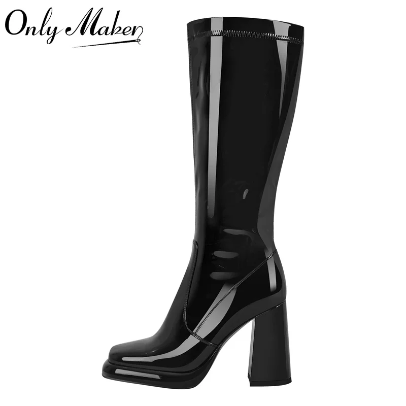 Onlymaker Female Square Toe Black Knee High Boots Side Zipper Fashion Handmade Chuny Heel Plus Size Women Boots