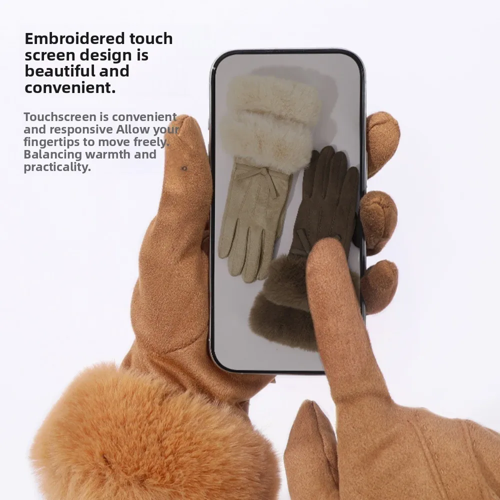 

Универсальные бархатные зимние замшевые перчатки с бантом, мягкие перчатки из искусственной кожи с сенсорным экраном, однотонные женские велосипедные варежки для девочек