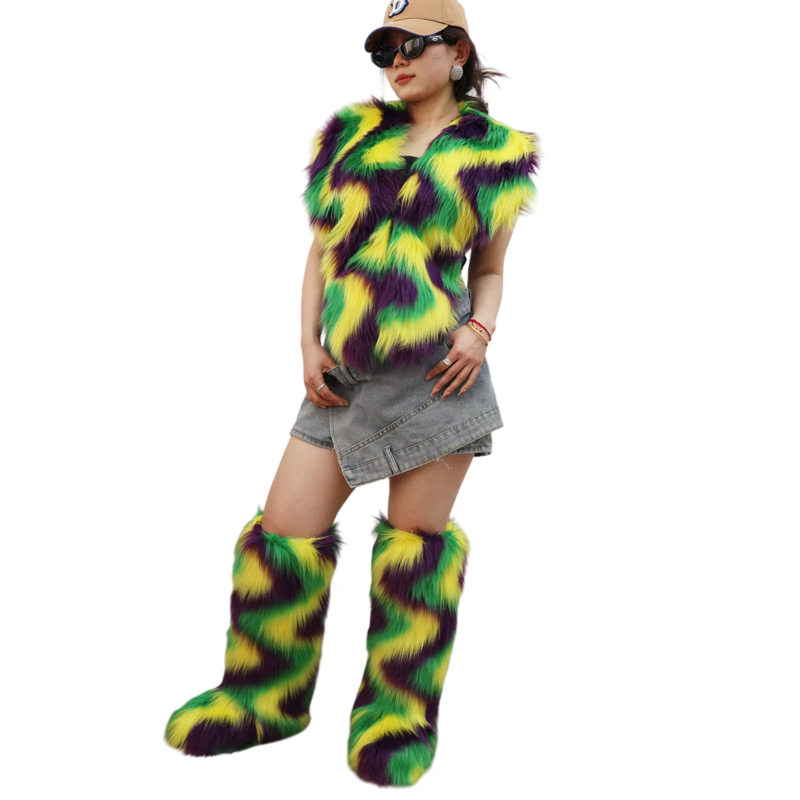 Mardi Gras Faux Fur Crop Jacket Women's 2026 Winter Trendy Striped Fluffy Long Sleeve Coat Festival Party Streetwear Outerwear