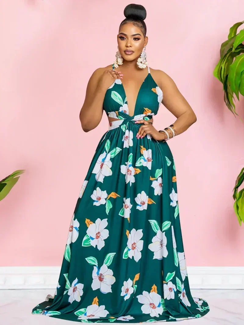 เดรสยาวทรงสวิง สายเดี่ยว คอลึก เปิดหลัง เอวสูง เหมาะสำหรับใส่ไปเที่ยวทะเล วันหยุดพักผ่อน หรืองานปาร์ตี้