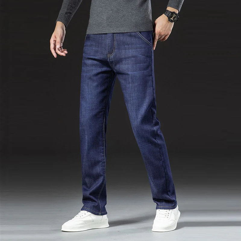 الرجال الشتاء صوف مبطن سميكة الدافئة الجينز الذكور موضة فضفاضة مستقيم سليم صالح الدينيم السراويل الذكية عادية مريحة بنطلون #3