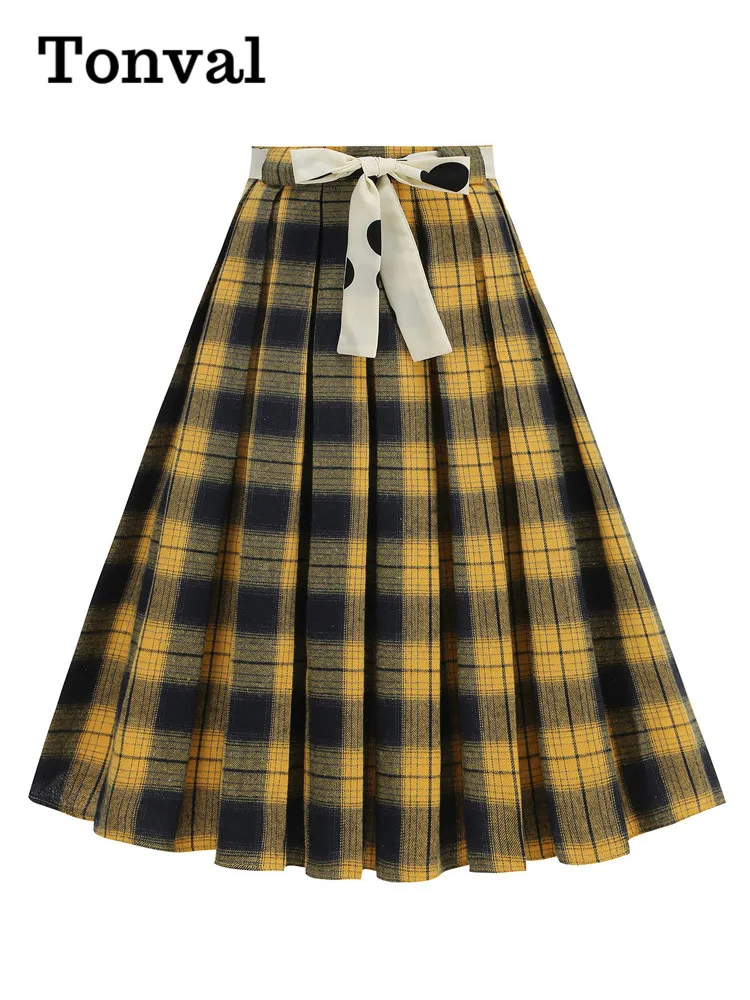 Tonval Yellow Plaid Pleated Midi Skirt Belted Elegant Women 1950s Retro Clothes Party Vintage Autumn Winter Skirts