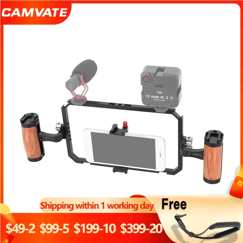 

CAMVATE Universal Smartphone Video Rig with Dual Wooden Handles For iPhone Android Phone Video Rig Kit